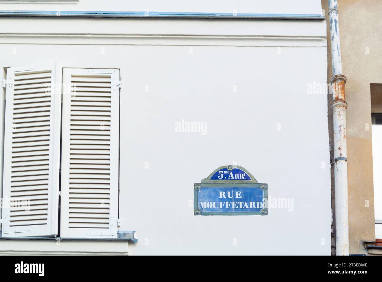 Paris, France, Street sign with rue mouffetard in the latin quarter quartier district, Editorial only. Stock Photo