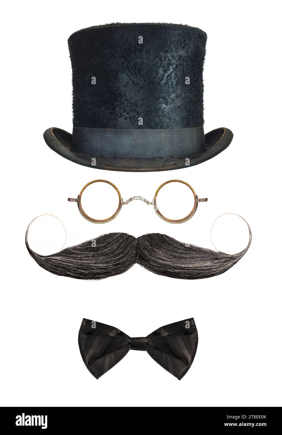 Vintage gentleman hat, glasses, curly mustache and bow tie isolated on a white background Stock Photo
