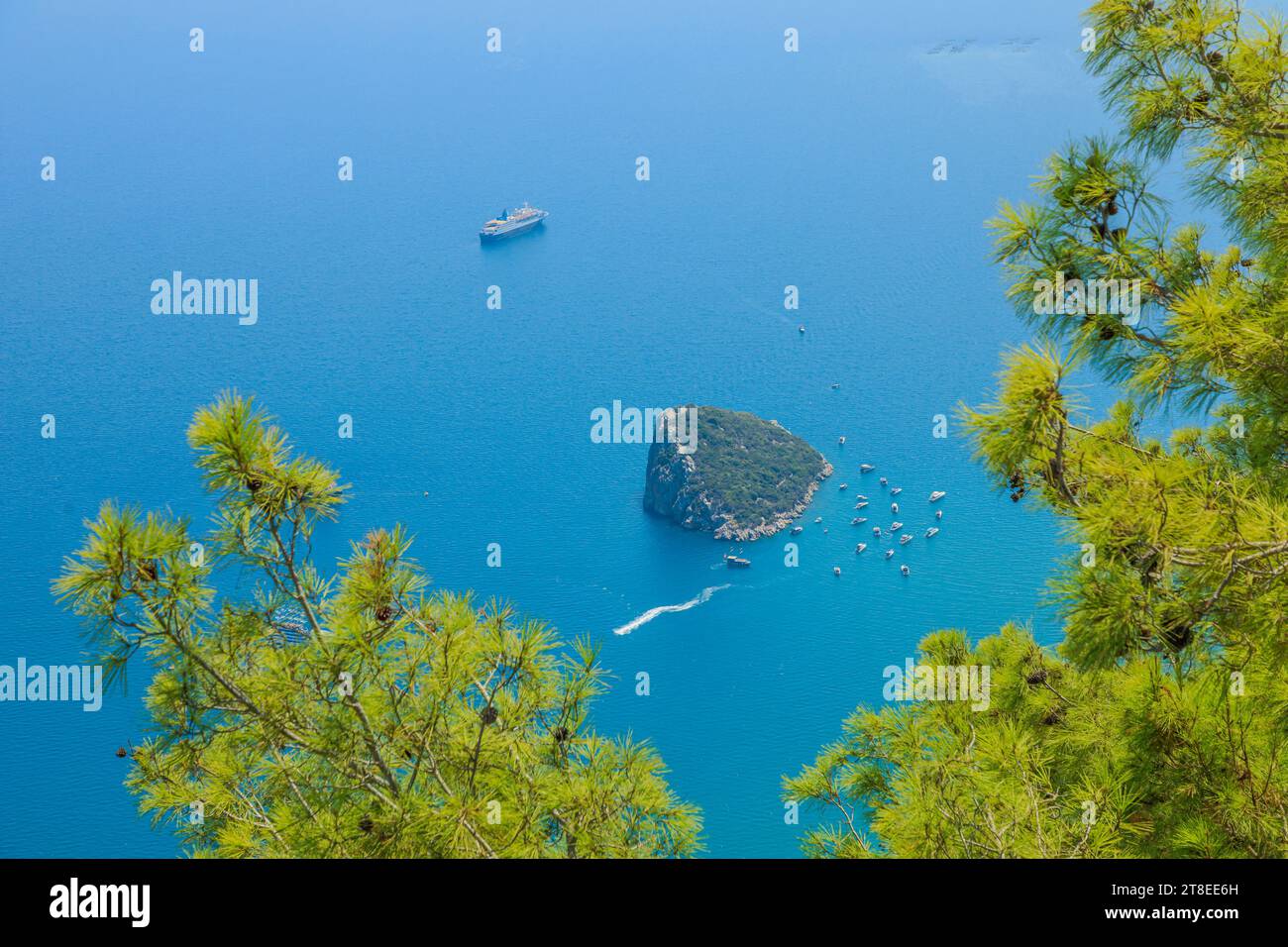 From the Tunektepe Cable Car, a panoramic view Rat Island of Antalya, Turkey. The city's architecture is nestled between the azure sea in the Stock Photo