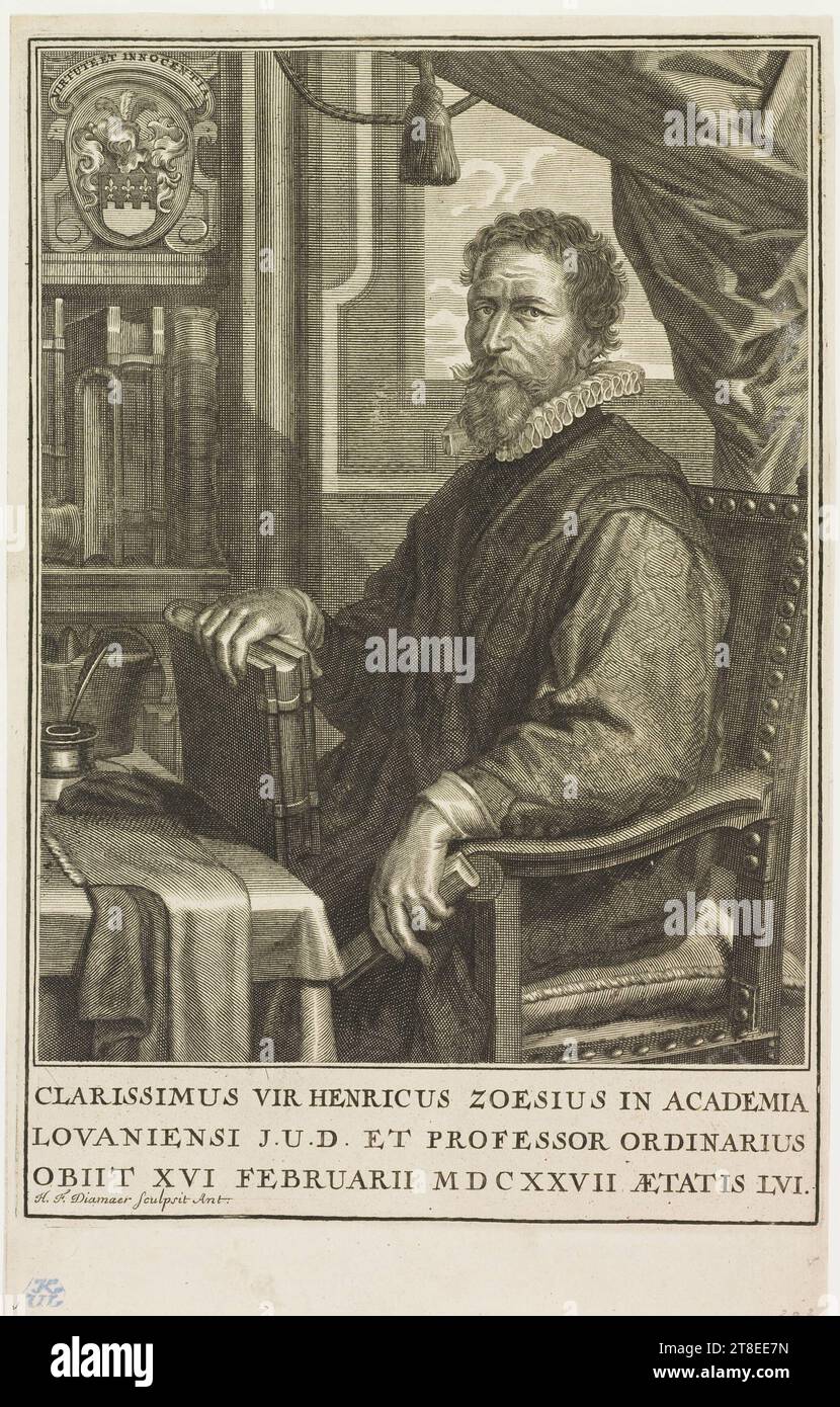 Portrait of Henricus Zoesius seated at a worktable with a book in his right hand. Top left a coat of arms. VIRTUTE ET INNOCENTIA. CLARISSIMUS VIR HENRICUS ZOESIUS IN ACADEMIA LOVANIENSI J.U.D. ET PROFESSOR ORDINARIUS OBIIT XVI FEBRUARYI MDCXXVII ÆTATIS LVI. H.F. Diamaer sculpsit Ant Stock Photo