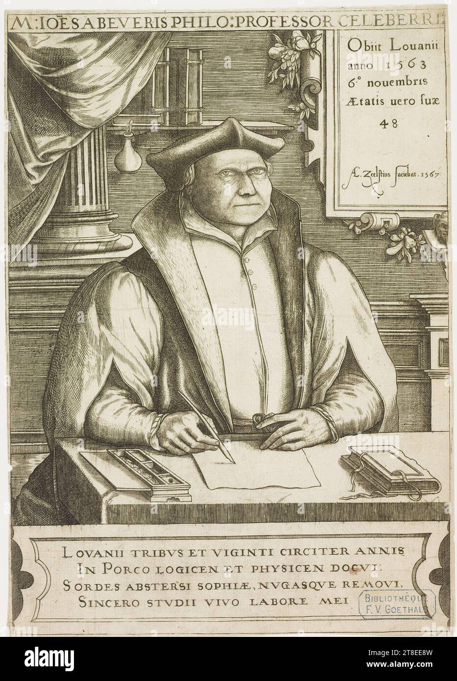 Portrait of Joannes Beverus, writing at his worktable. Obiit Louanii anno 1563 6° nouembris Ætatis uero fuæ 48 A. Zeelstius faciebat. 1567. M: IOES A BEVERIS PHILO: PROFESSOR CELEBERRI. LOVANII TRIBVS ET VIGINTI CIRCITER ANNIS IN PORCO LOGICEN ET PHYSICEN DOCVI SORDES ABSTERSI SOPHIÆ, NVGASQVE REMOVI SINCERO STVDII VIVO LABORE MEI. Literature reference: Ex officina, 8, 1991 Stock Photo