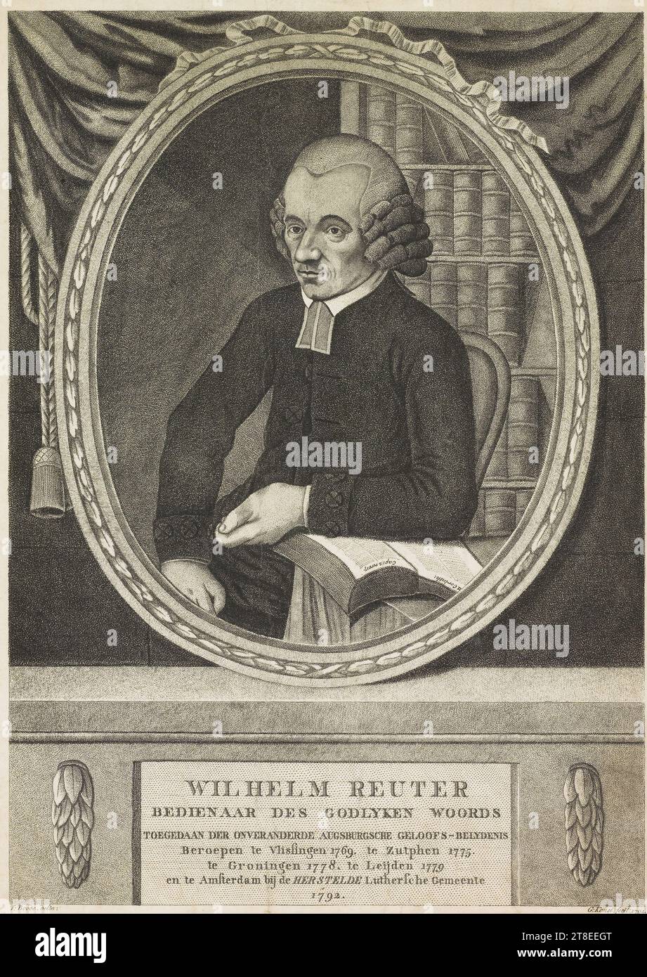 WILHELM REUTER OFFICER OF GODLYKEN WOORDS ADMITTED TO THE IMPROVED AUGSBURGSCHE GELOOFS-BELYDENIS Professed at Vlissingen 1769. at Zutphen 1775. at Groningen 1778. at Leijden 1779 and at Amsterdam at the RESTORED Lutheran Congregation 1792. F: Boode. delin:. G: Konsé. fecit. 1794. Proof Stock Photo