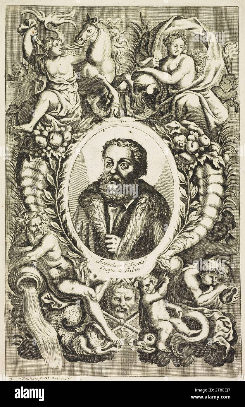 Portrait surrounded by putti and allegorical figures. Francisco Efforcia Duque de Milan. Gaspar Bouttats fecit Antverpia Stock Photo