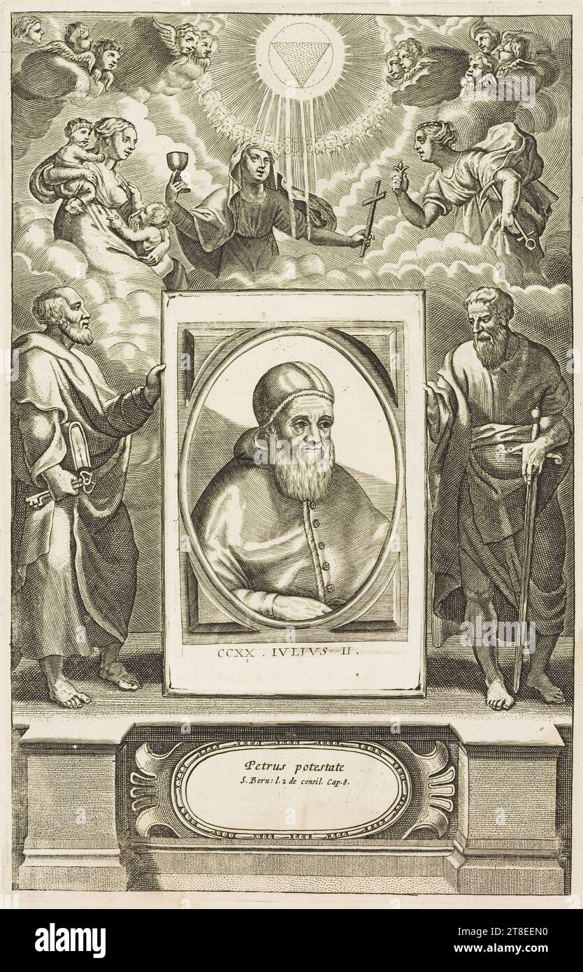 Print consists of two different prints namely portrait and the allegorical tableau around. Portrait surrounded with biblical and allegorical figures. CCXX. IVLIVS II. Petrus potesta S. Bern: l.2 e consil. Cap.8. illustration from: P. Cornelius HAZART : Triomph of the popes of Roomen over all ...; V.3, f.177 Stock Photo