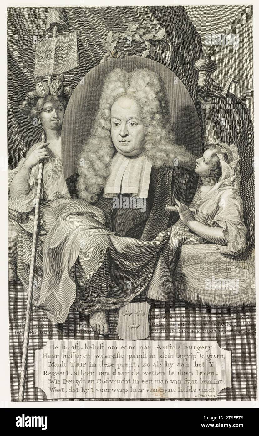 print is attributed to Pieter van Gunst. S.P.Q.A. THE E[D]ELE GR DART ER Mr. JAN TRIP HEER VAN BERKEN ROD[E] BURGERMEESTER AD DER STAD AMSTERDAM MITS GARS BEWINDHEBBER R OSTINDIC COMPAGNIE &&&. Art, anxious once to give to Amstels burgery Her dearest and worthiest pandt in small understanding, Grinds TRIP in this print, as hy to the Y Reigns, only to make there the laws live. Who loves Virtue and Godliness in a man of state, Knows', that hy finds 't object here of his love. I. VERBURG Stock Photo
