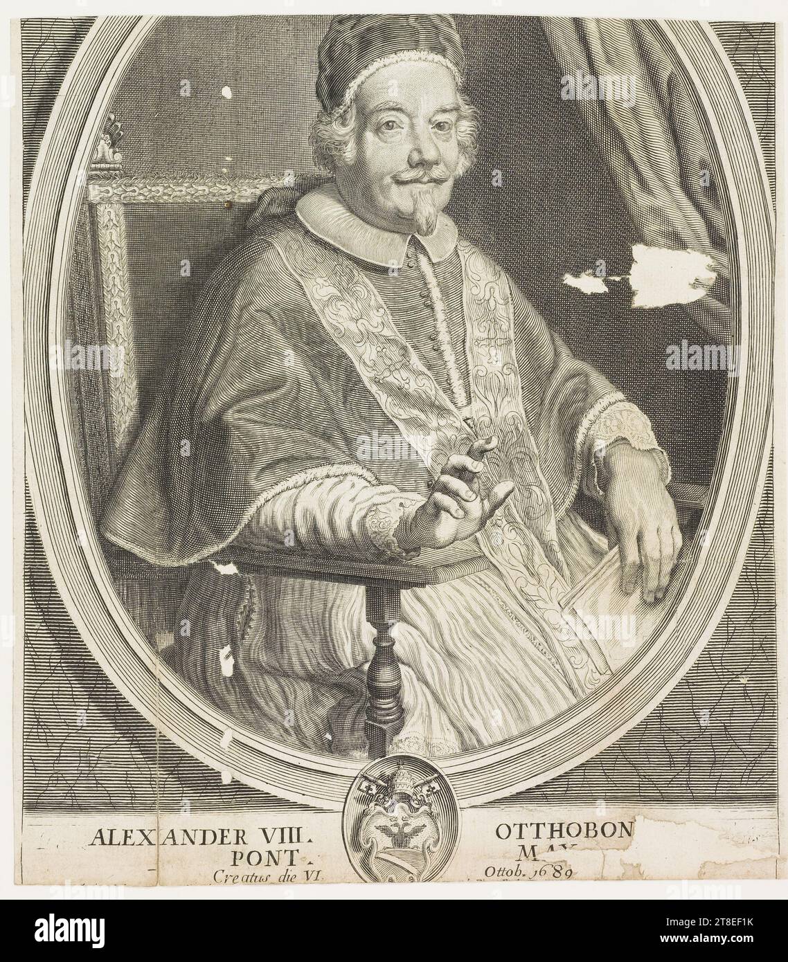 part of print cut away. ALEXANDER VIII OTTHOBON BRIDGE. MAX. Creatus die VI Ottob. 1689 Stock Photo