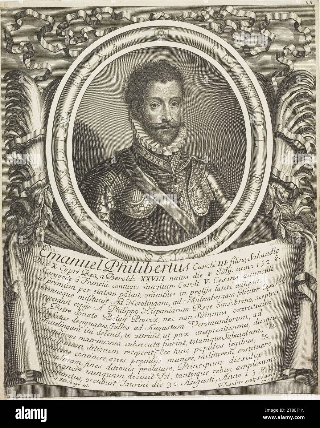 EMANVEL PHILIBERTVS SABAUDIÆ DVX &c. Emanuel Philibertus Caroli III filius Sabaudiae Dux X. Cypri Rex, à Beroldo XXVIII natus die 8 July, anno 1528. Margaritae a Francia coniugio iungitur Caroli V. Caesaris auunculi ut primùm per aetatem potuit omnibus in praelijs lateri adhaesit, strenuèque militauit. Ad Nerolingam, ad Mulembergam feliciter Caesareis imperauit copijs. A. Philippo Hispaniarum Rege consobrino, sceptris a Patre donato Belgij Prorex, nec non Summus exercituum Praefectus designatus Gallos ad Augustam Veromandorum, ad Grauelingam ità deleuit, & attriuit Stock Photo