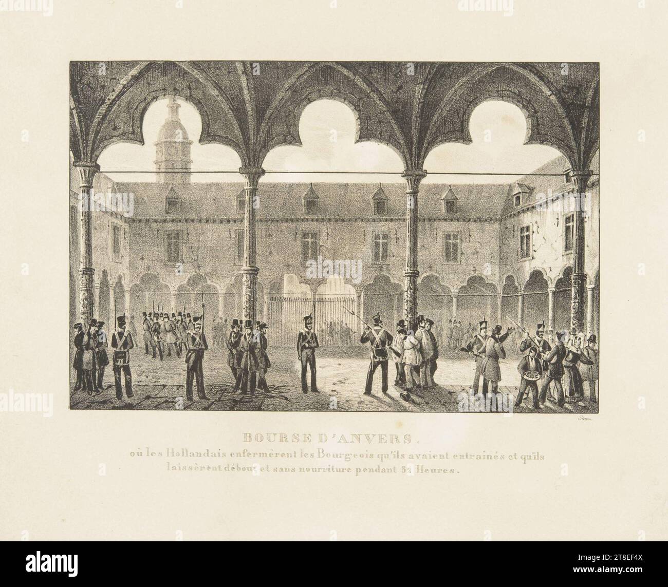 The Dutch imprison the captured Belgian insurgents at the Beurs in Antwerp, 1830. Antwerp. Belgian independence. BOURSE D'ANVERS. where the Dutch imprisoned the Burghers they had trained and left them standing without food for 32 hours. Sturm Stock Photo