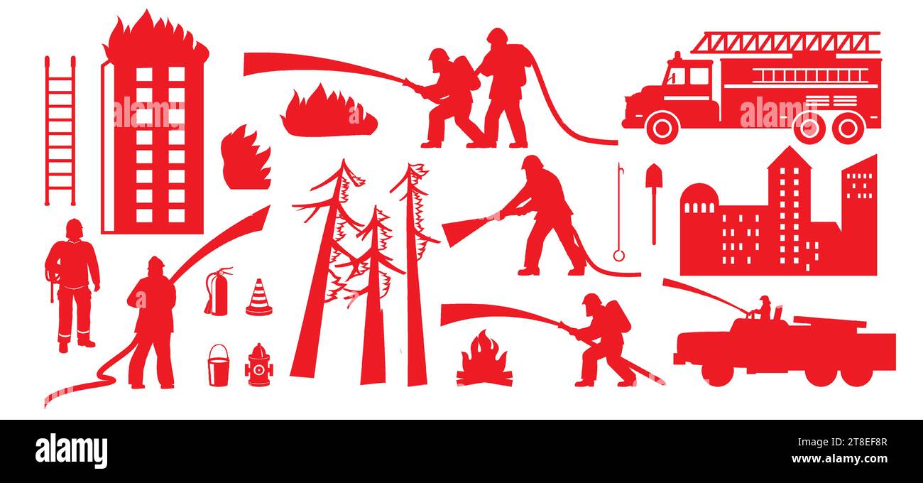 Firefighter, fire engine and burning forest, house red silhouette set Stock Vector
