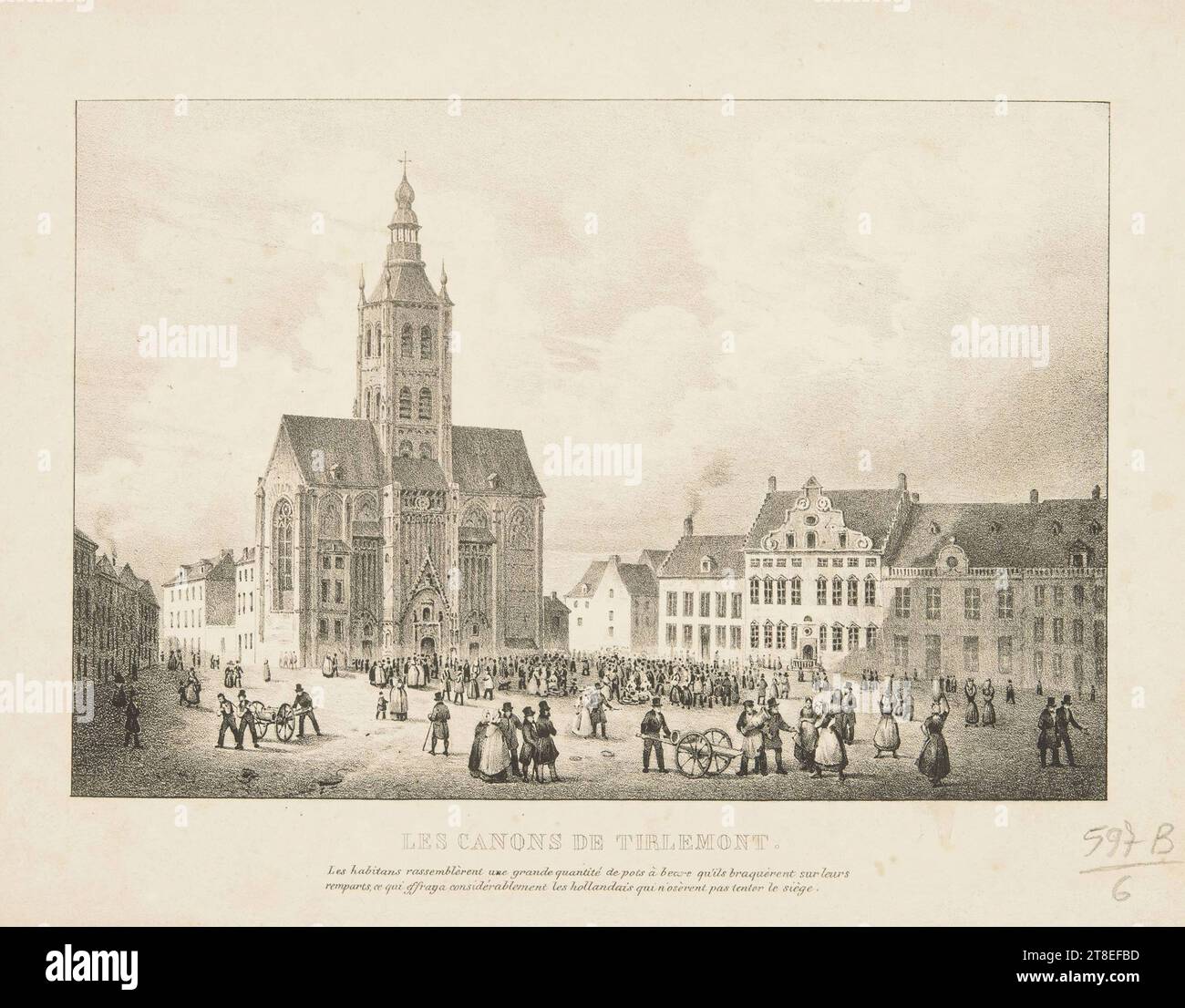The citizens of Tienen collect butter pots on the Grote Markt in front of the Onze-Lieve-Vrouw-ter Poelkerk, to deploy them as cannon barrels on their defensive walls, 1830. Tienen. Belgian independence. THE CANNONS OF TIRLEMONT. The inhabitants gathered a large quantity of butter pots which they aimed at their ramparts, which considerably frightened the Dutch who did not dare to attempt the siege Stock Photo