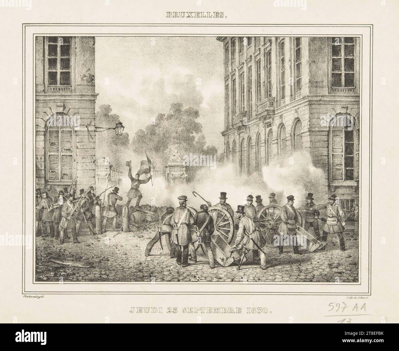 Belgian insurgents shelling the Warande Park in Brussels, 1830. Brussels. Belgian independence. BRUSSELS. Vanhemelryck. THURSDAY, SEPTEMBER 23, 1830. Lith. by Jobard Stock Photo