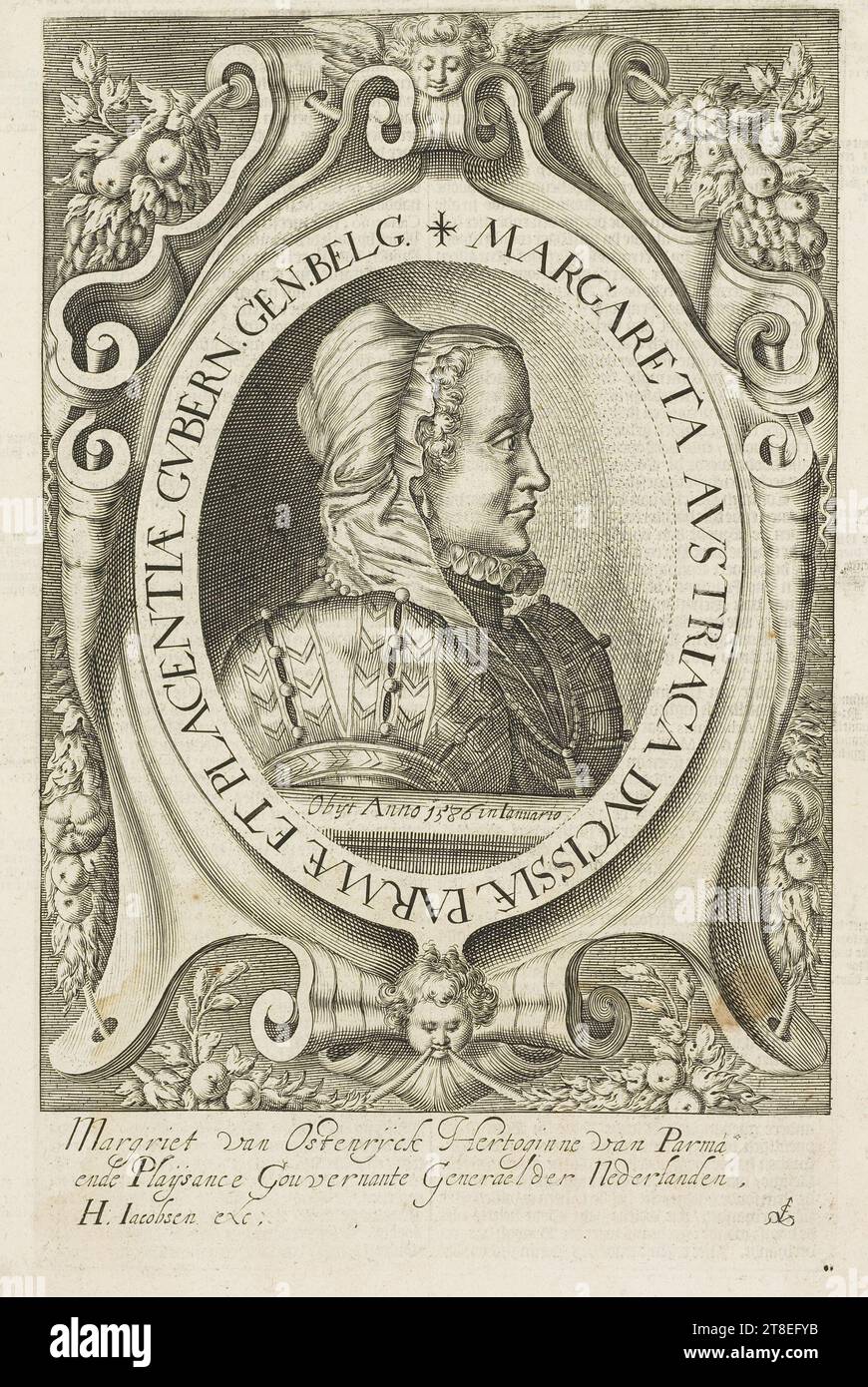 MARGARETA AVSTRIACA DVCISSIÆ PARMÆ ET PLACENTIÆ CVBERN.GEN.BELG. Obijt Anno i586 in Ianuario. Margriet van Ostenryck Duchess of Parma ende Playsance Gouvernante Generael der Nederlanden, H. Iacobsen exc Stock Photo