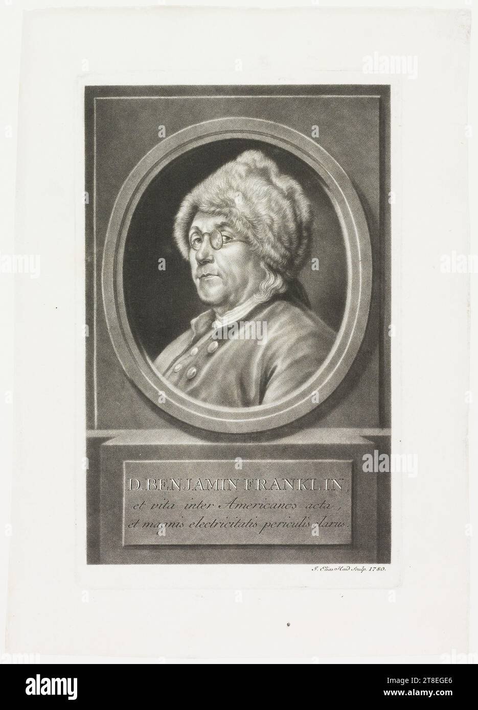 D BENJAMIN FRANKLIN; et vita inter Americanos acta, et magnis electricitatis periculis clarus. J. Elias Haid Sculp. 1780 Stock Photo