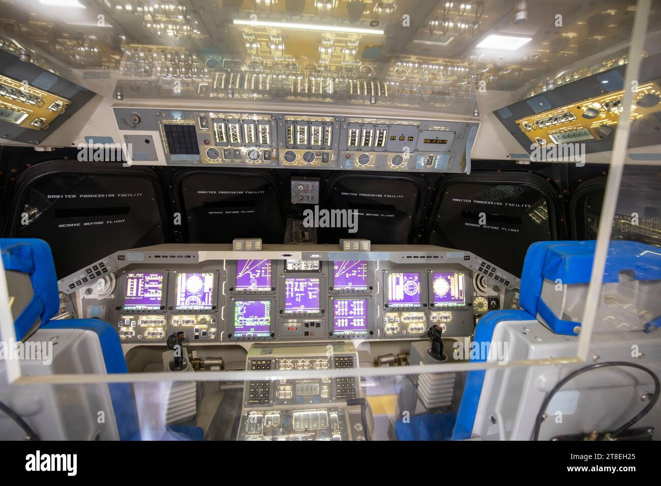 Houston, USA - October 22, 2023: A Space Shuttle cockpit on display at Houston Space Center in Texas, USA Stock Photo
