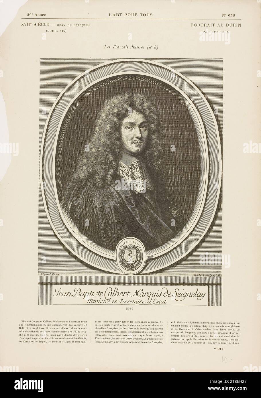 Mignard Pinxit. Edelinck Sculp. C.P.R. Jean Baptiste Colbert Marquis de Seignelay Minister and Secretary of State. 26th Year ART FOR ALL N° 648. XVIIth CENTURY - FRENCH ENGRAVING (LOUIS XIV). PORTRAIT TO THE BURIN BY EDELINCK. The illustrious French (No. 8). 5594. [biography Jean Baptiste Colbert]. 2691 Stock Photo
