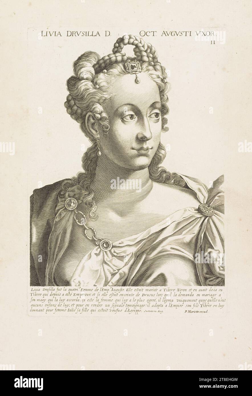 LIVIA DRUSILLA D. OCT. AVGVSTI VXOR. II. Liuia Drusilla made the fourth. Wife of Empr. Augustus. She was married to Tiberius Neron and had de-ia had Tiberius who since then has been Emperor, and if she was in cente of Drusus when he asked her in marriage to her husband who granted her. She was the woman who most pleased him, and he only married her even though she had no children of his own, and as a sign of this, he adopted his son Tiberius into the Empire, giving him his daughter Iulia, widowed of Agrippo Stock Photo