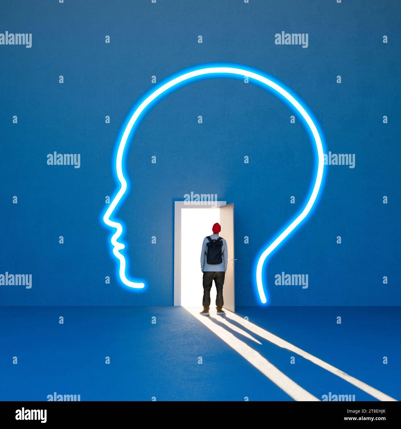 New ideas, open minded, exploration of your unconscious, study of the brain. Silhouette of a head with an open door and a man in the doorway. 3d Stock Photo