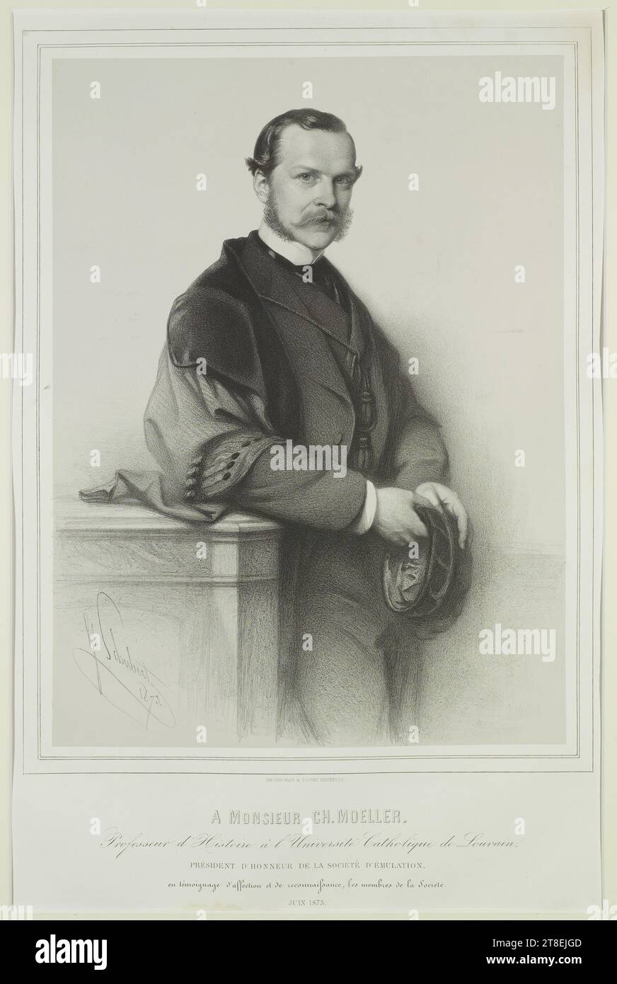 Jh Schubert 1873. IMP. SIMONAU & TOOVEY, BRUSSELS. A. MR. CH. MOELLER, Professor of History at the Catholic University of Louvain, HONORARY PRESIDENT OF THE EMULATION SOCIETY, as a token of affection and gratitude, the members of the Society. JUNE 1873 Stock Photo