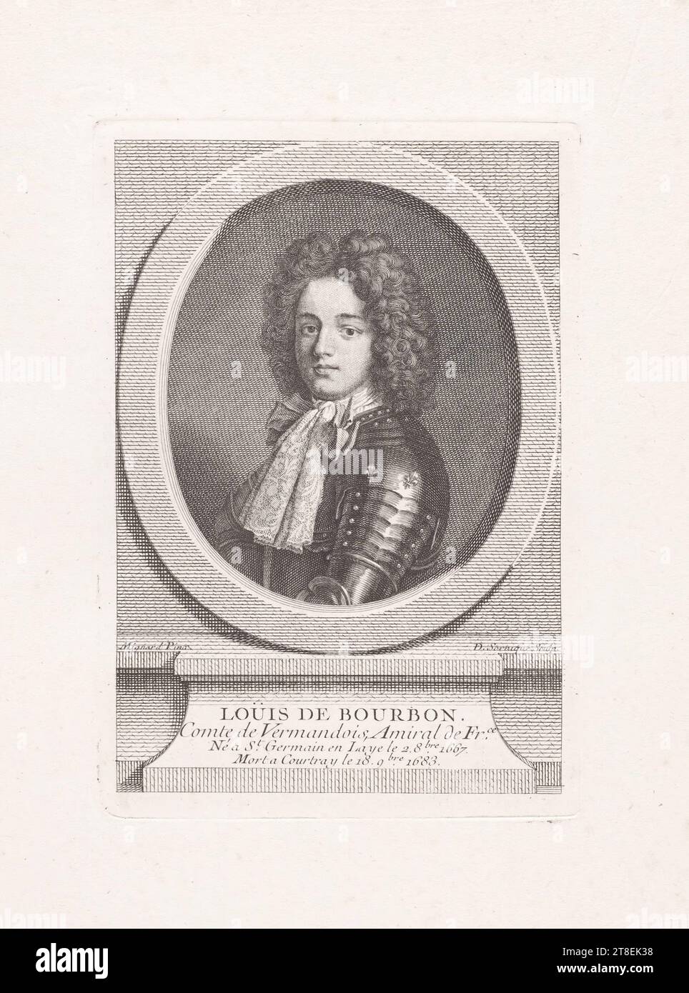 Mignard Pinx. D. Sornique Sculp. LOUIS DE BOURBON. Count of Vermandois, Admiral of Fr.ce Born in St. Germain en Laye on 2. October 1667. Died in Courtray on 18. 9bre. 1683 Stock Photo