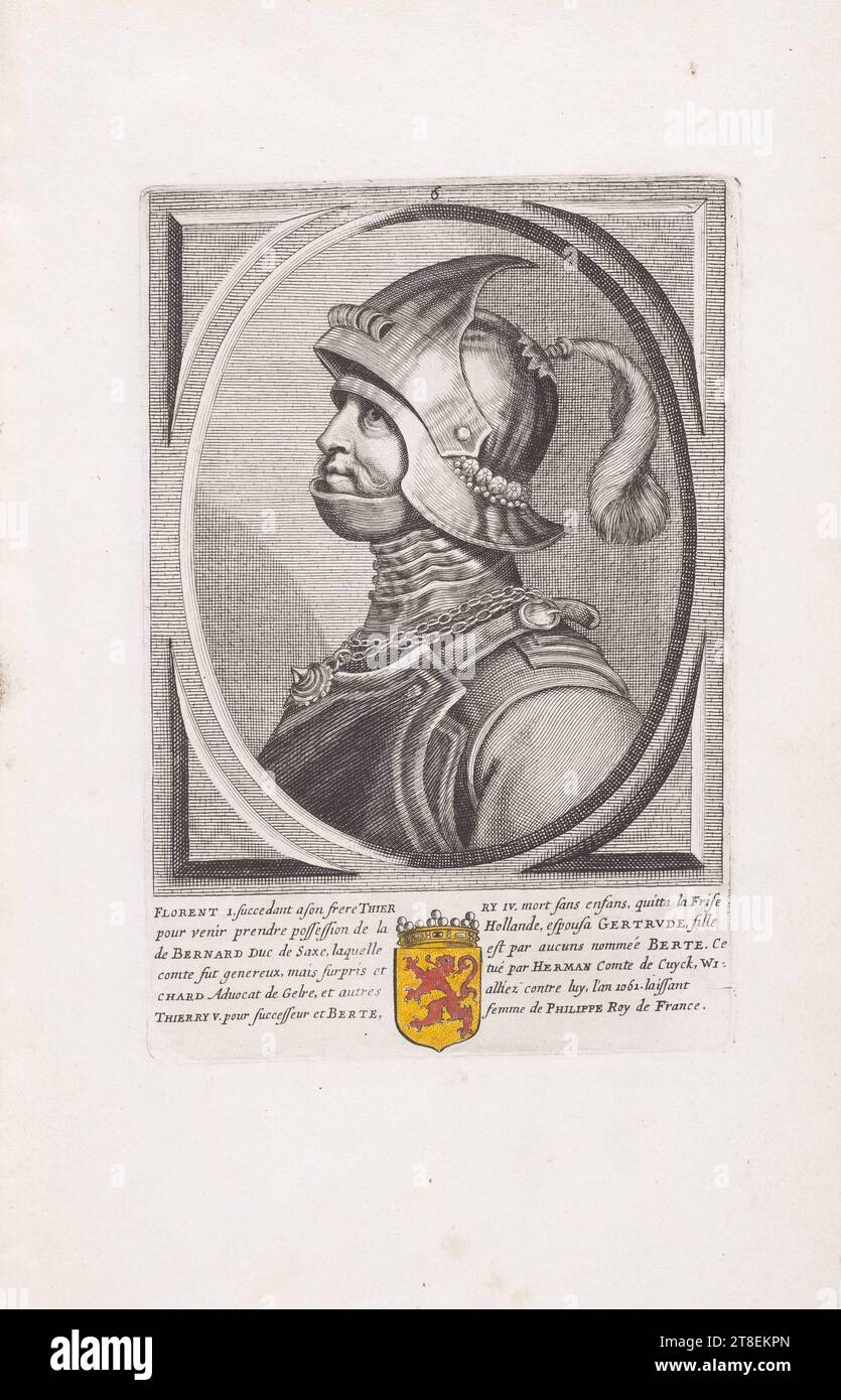 6. FLORENT 1. succeeding to his brother THIER RY IV.died without children, left Frisa to come to take possession of Holland, married GERTRVDE, daughter of BERNARD Duke of Saxony, who is by some named BERTE. This count was generous, but surprised and killed by HERMAN Count of Cuyck, WI= CHARD Avuocat of Gelre, and other allies, against liu, in the year 1062. leaving THIERRY V. as successor and BERTE, wife of PHILIPPE King of France Stock Photo