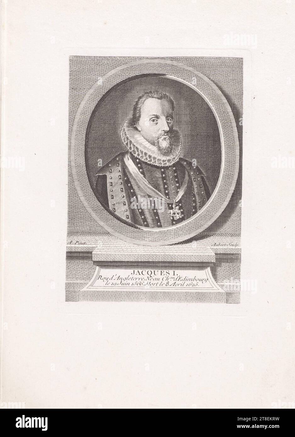 A. Pinx. Aubert Sculp. JACQUES I. King of England, born at the Castle of Edinburgh on 19. June 1566. Died on 8. April 1625 Stock Photo
