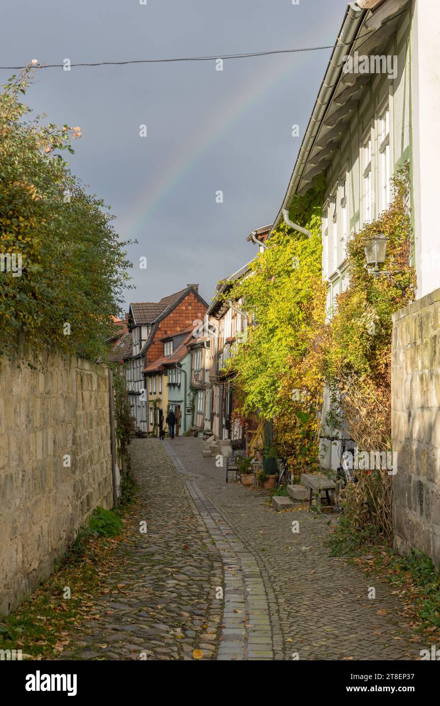 Historic half-timbered houses in Quedlinburg am Schlossberg, Saxony-Anhalt, Germany Stock Photo