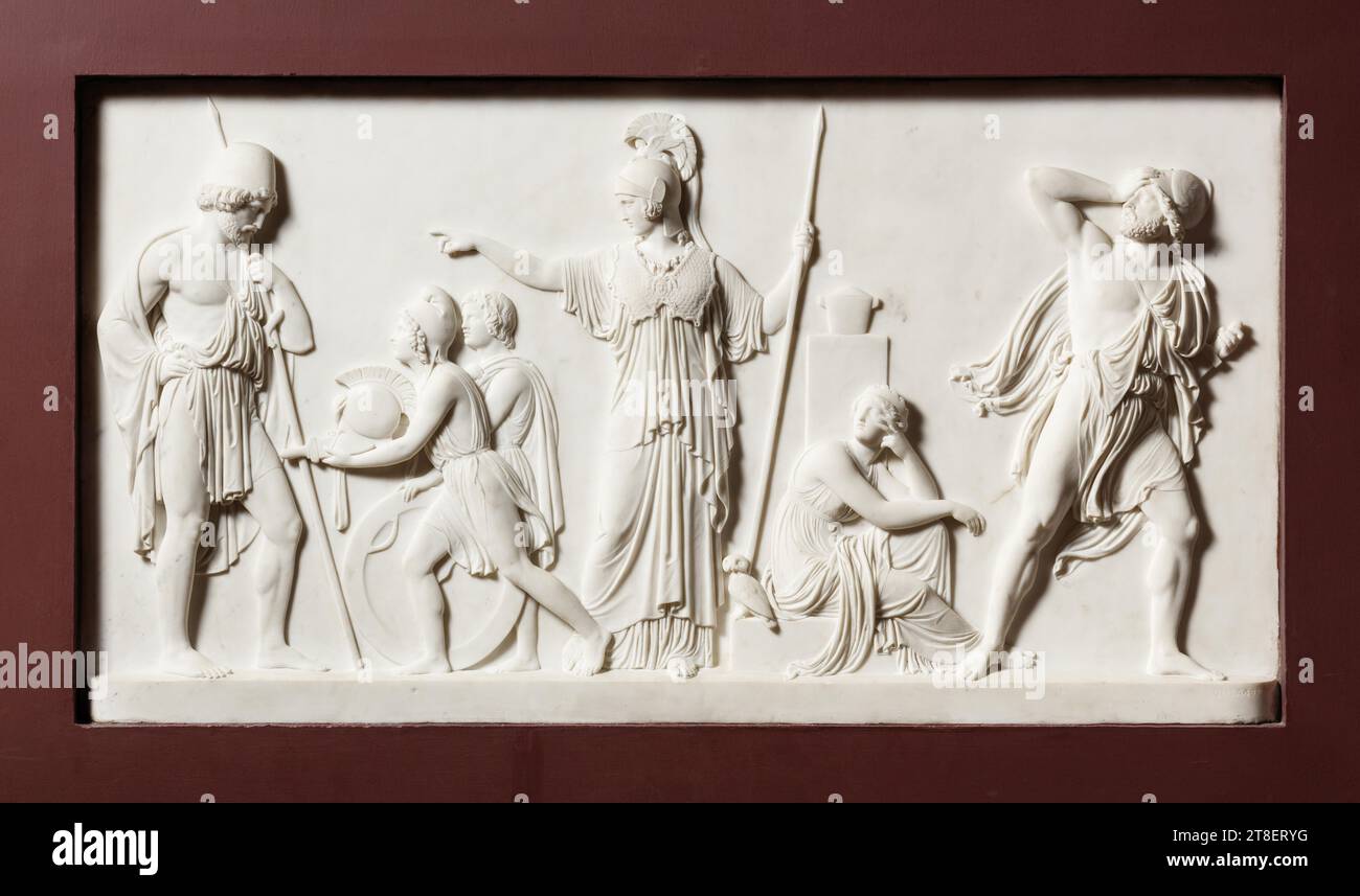 Ulysses Receiving the Arms of Achilles, Bertel Thorvaldsen, 1770-1844, Presumably 1832 - 1833, Sculpture, Relief, Pedestal Relief, When Achilles has been slain in front of the walls of Troy, his splendid weapons, which have been made by none other than the blacksmith god Vulcan, are to be awarded to the bravest warrior. Ulysses and Ajax both claim them, and the goddess of wisdom, Minerva, who is recognisable from the owl and is here seen at the centre Stock Photo