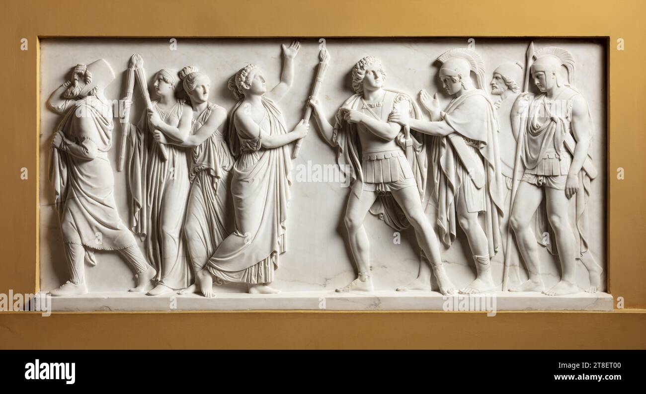 Alexander the Great Provoked by Thaïs to Set Fire to Persepolis, Bertel Thorvaldsen, 1770-1844, 1865, Sculpture, Relief, In Thorvaldsen’s work, Alexander the Great is mainly associated with the so-called Alexander Frieze from 1812, which portrays Alexander’s entry into Babylon. And although the figures of Alexander in the two reliefs certainly show some similarities Stock Photo