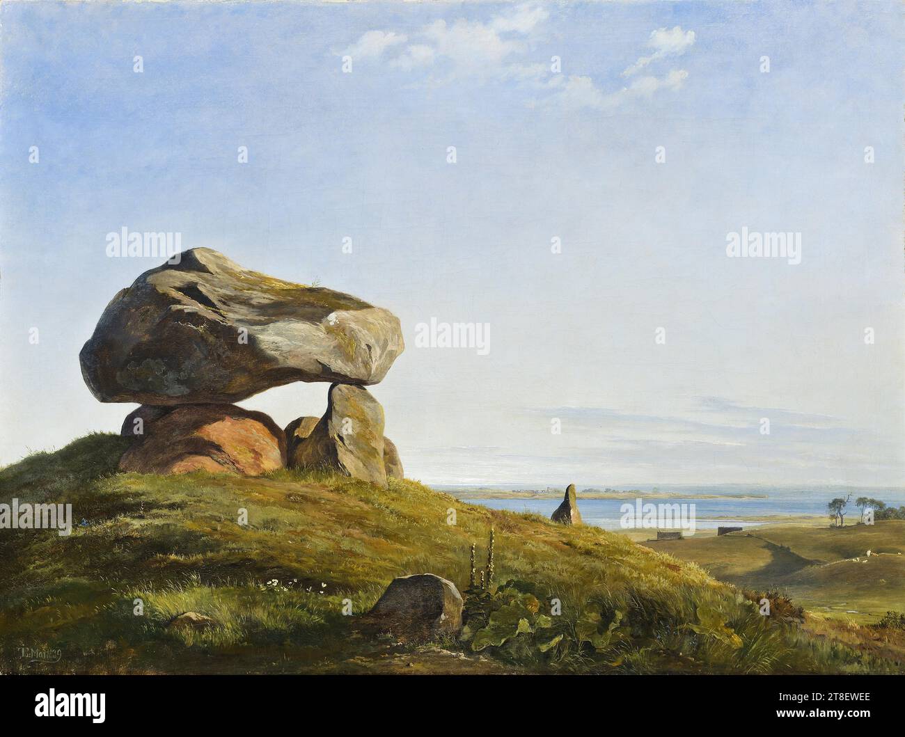 A Prehistoric Burial Mound by Raklev on Refsnæs, Johan Thomas Lundbye, 1818-1848, 1839, Painting, Lundbye’s links with Refsnæs go back to his earliest childhood. As a young captain, his father was in command of the fortifications at the far end of Refsnæs and in 1810 married the customs inspector’s daughter in nearby Kalundborg. This is where Lundbye was born, and although the family moved, he maintained a link with the area by virtue of his grandparents., Textile, Canvas, Color, Oil paint, Painted, Height 66.7 cm, Width 88.9 cm, JTL Mai 1839, Painting, European Stock Photo