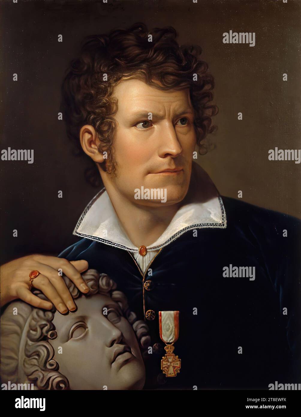 Portrait of Thorvaldsen, Rudolph Suhrlandt, 1781-1862, 1810, Painting, Portrait, The German painter Rudolph Suhrlandt was in Rome 1808-1816. While there he painted the portraits of a number of artists belonging to the German artists’ colony, but also one of Thorvaldsen, who is here portrayed as a dynamic, self-assured figure. Nor had Thorvaldsen any reason to hide his light under a bushel. He had in 1805 been given the title of professor in the Royal Danish Academy of Fine Arts at Copenhagen and in 1808 in the S. Luca Academy in Rome., Textile, Canvas, Color, Oil paint, Painted Stock Photo