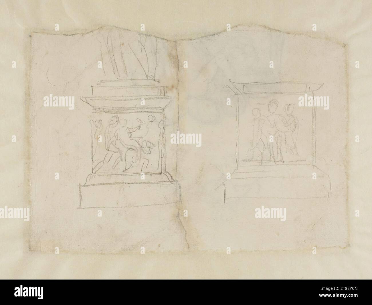 Two plinths with reliefs (one of which represents Nessus and Deianira?), Bertel Thorvaldsen, 1770-1844, 1814 - 1833, Drawing, Paper, Color, Graphite, Drawn, Height 138 mm, Width 197 mm, Draftsmanship, Drawing, European, Modernity (1800 - 1914 Stock Photo
