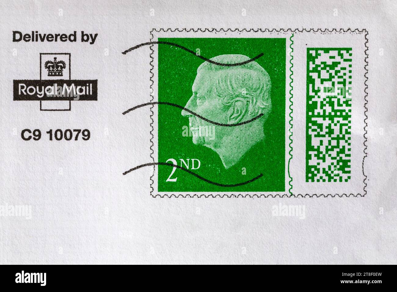 green 2nd class stamp, second class stamp with King Charles III head