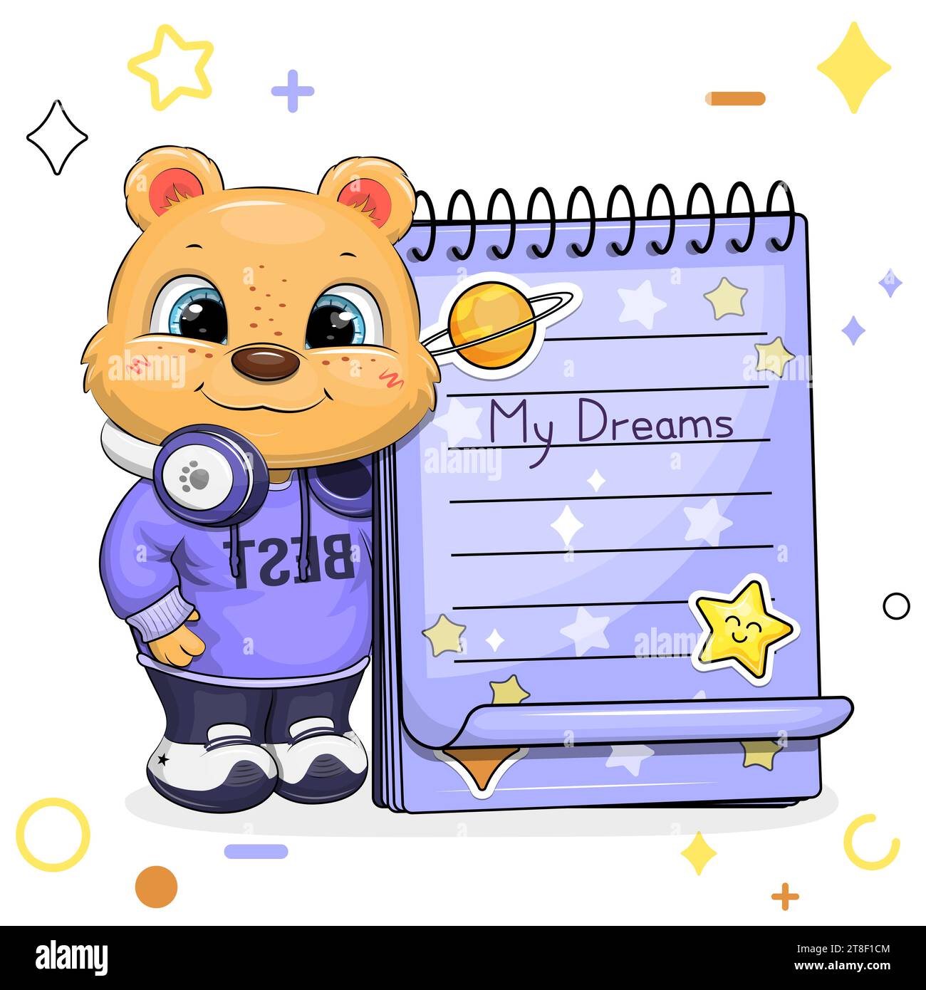 A cute cartoon bear boy with a blue notebook with stickers. Vector illustration of an animal on a white background with stars, circles. Stock Vector