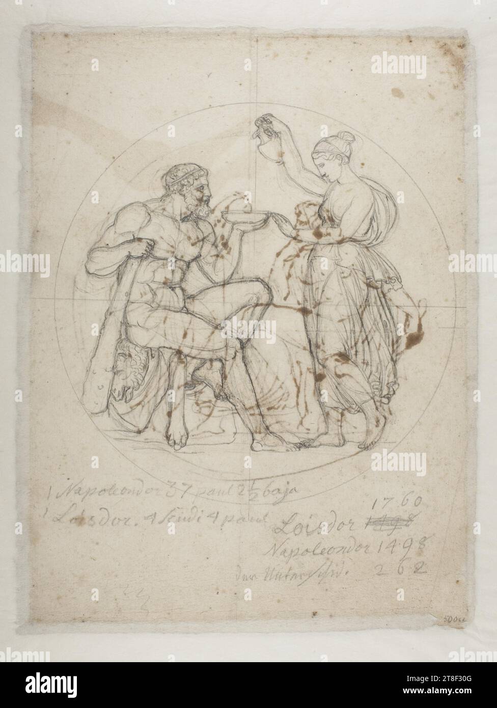 Hebe Pouring Nectar into Hercules' Bowl, Bertel Thorvaldsen, 1770-1844, Drawing, Paper, Color, Graphite, Drawn, Height 294 mm, Width 221 mm, 1 Napoleon d or 37 pant 2½ Gaja, 1 Lois d or 4 Scudi 4 pant, Lois d or 1760, Napoleon d or 1498, [?] 262, Draftsmanship, Drawing, European, Modernity (1800 - 1914 Stock Photo