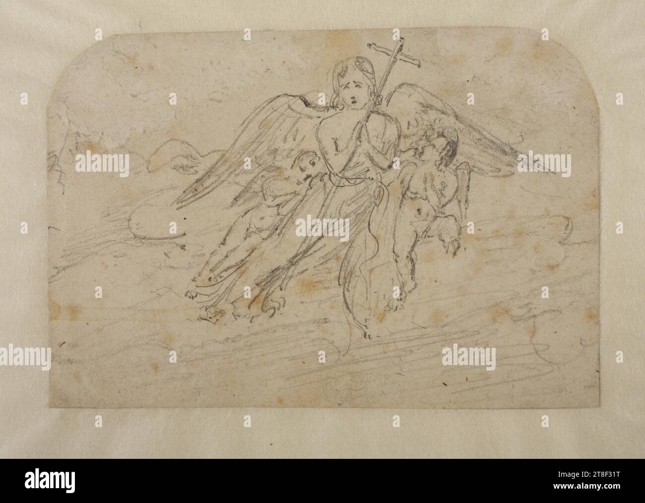 Three hovering angels, Bertel Thorvaldsen, 1770-1844, Drawing, Paper, Color, Graphite, Drawn, Height 90 mm, Width 131 mm, Draftsmanship, Drawing, European, Modernity (1800 - 1914 Stock Photo