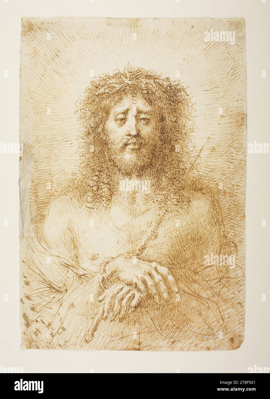 Ecce Homo, The Suffering Christ, Giuseppe Cades, 1750-1799, 1600s, Drawing, The designation of this genre of picture, Ecce Homo, refers to a specific event in the story of Christ’s suffering. When Christ had been scourged and crowned with thorns. He was shown to the multitude, and the Roman governor Pontius Pilate said 'Ecce Homo' – 'Behold the man' – referring to Christ. But no one asked for mercy. The answer from the high priests and the multitude was 'Crucify him.', Paper, Color, Ink, Sepia ink, Drawn, Height 205 mm, Width 140 mm, Draftsmanship, Drawing, European Stock Photo