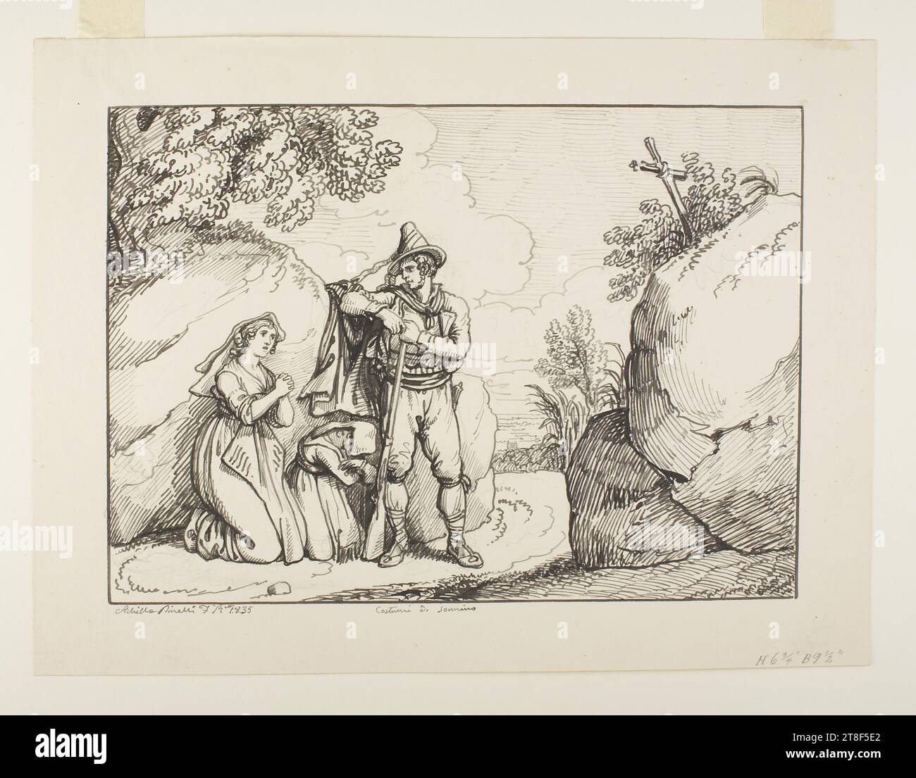 Woman and Girl from Sonnino Pleads a Robber for Favour, Achille Pinelli, 1809-1841, 1835, Drawing, Paper, Color, Ink, Drawn, Height 225 mm, Width 300 mm, Achille Pinelli f. Ra 1835, Costumi di Sonnino, Draftsmanship, Drawing, European, Modernity (1800 - 1914 Stock Photo