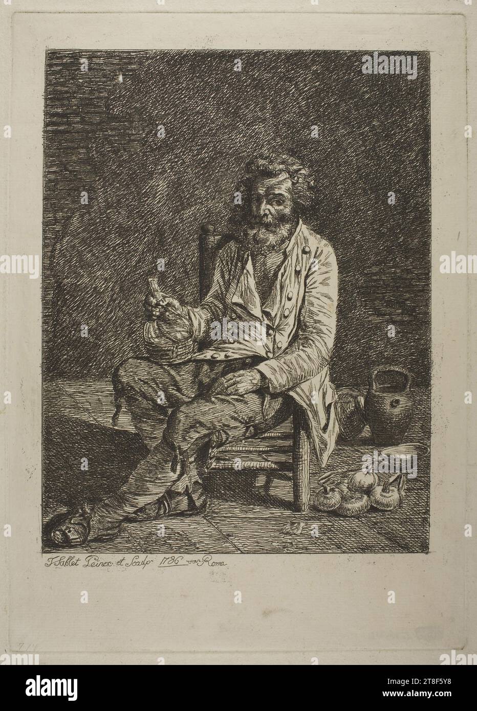 Humble Man Seated with a Bottle in his Hand, Jacques-Henri Sablet, 1786, Graphic Art, Etching, Paper, Color, Printer's ink, Etching, Printet, Height (plate size) 285 mm, Height (paper size) 353 mm, Width (plate size) 205 mm, Width (paper size) 260 mm, J Sablet Pinx et Sculp 1786 Roma, Graphic Design, European, Enlightenment (1690 - 1800 Stock Photo
