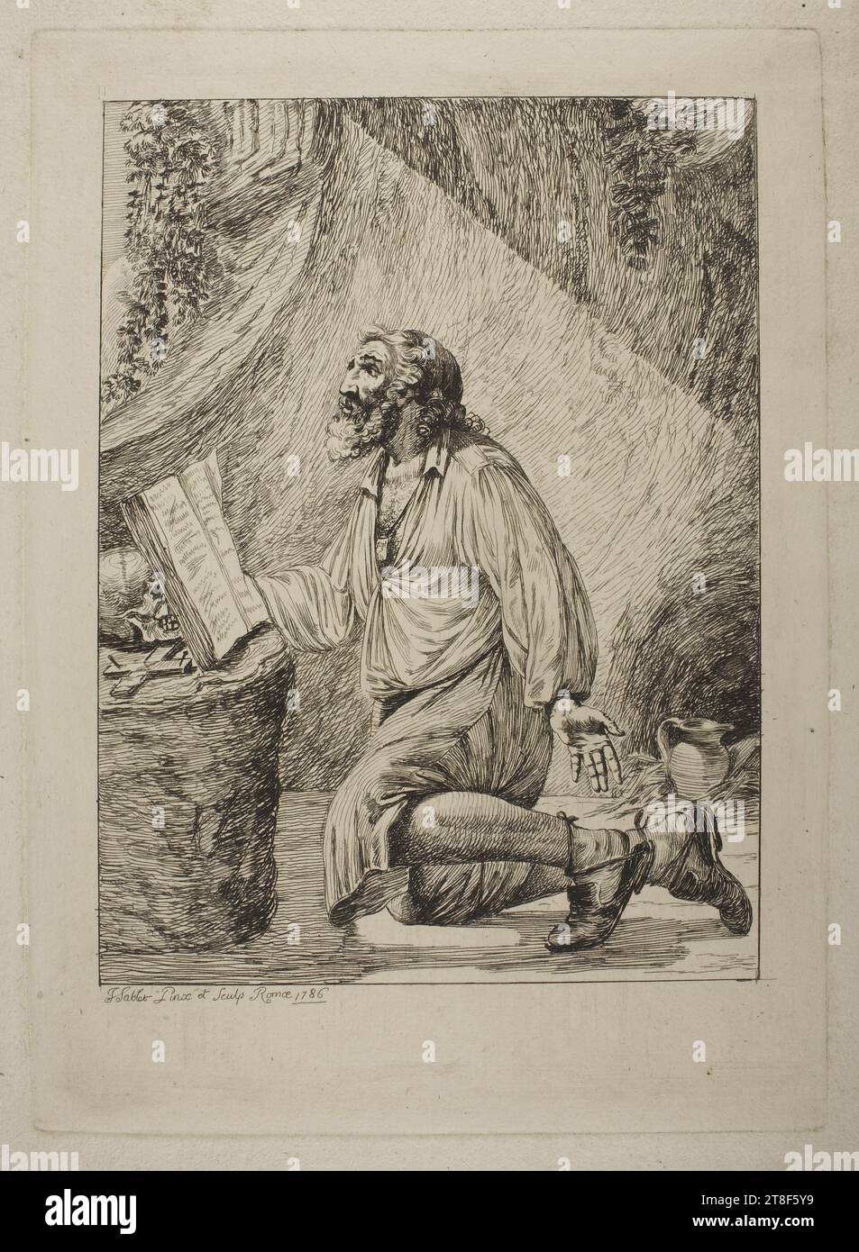Praying Hermit, Jacques-Henri Sablet, 1786, Graphic Art, Etching, Paper, Color, Printer's ink, Etching, Printet, Height (plate size) 280 mm, Height (paper size) 353 mm, Width (plate size) 200 mm, Width (paper size) 260 mm, F. Sablet Pinx et Sculp. Romæ 1786, Graphic Design, European, Enlightenment (1690 - 1800 Stock Photo