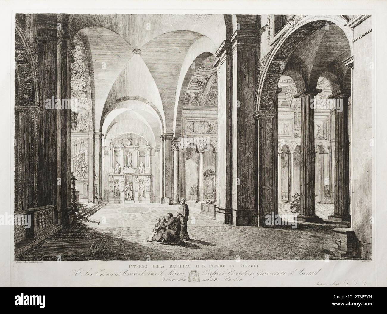 Interior of the church of S. Pietro in Vincoli, Antonio Sarti, 1828, Graphic Art, Etching, Paper, Color, Printer's ink, Etching, Printet, Height (plate size) 536 mm, Height (paper size) 572 mm, Width (plate size) 695 mm, Width (paper size) 810 mm, Verso: Camerlengato di S R C (stempel), Graphic Design, European, Modernity (1800 - 1914 Stock Photo