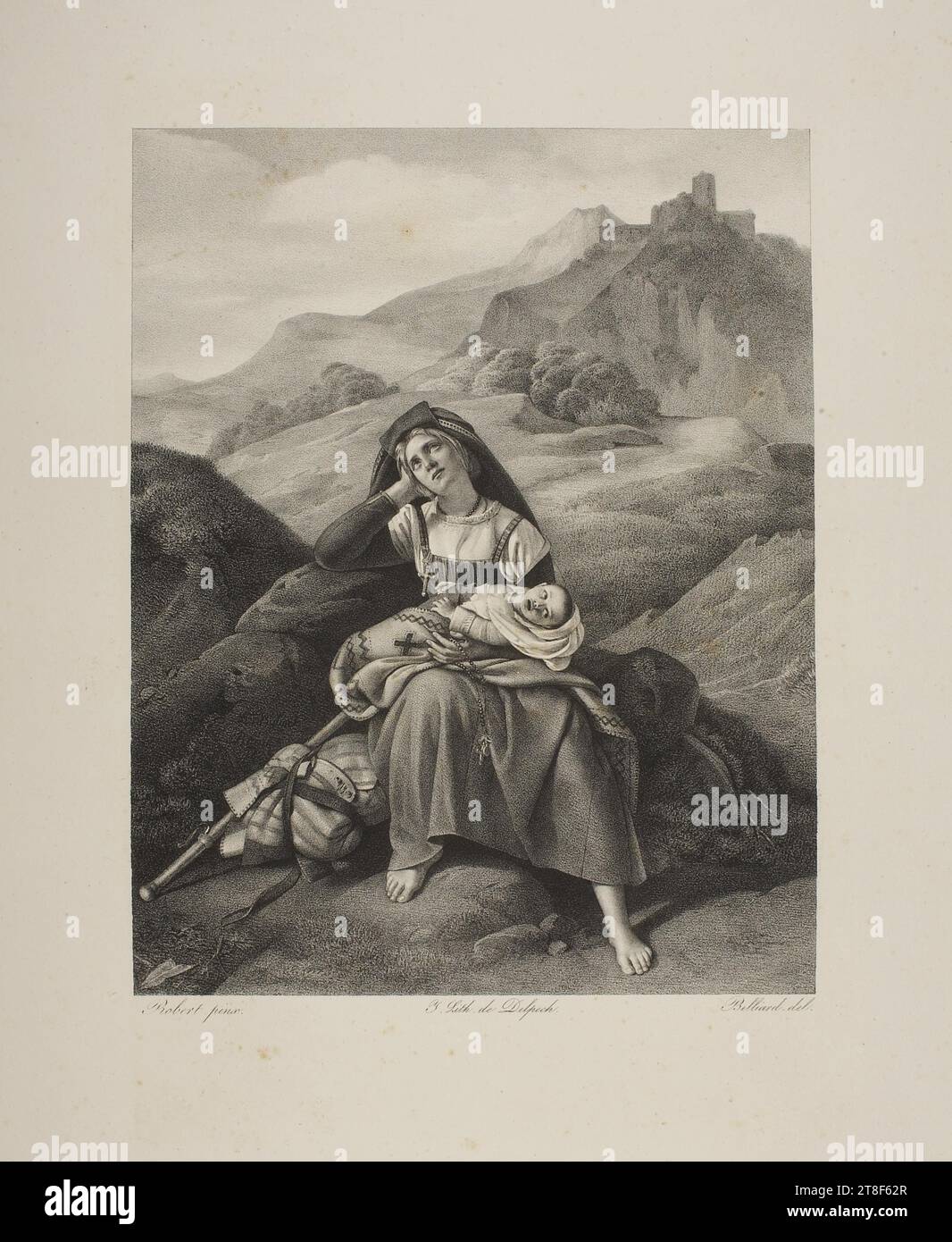 Italien Farmer Woman Invokes Heavenly Assistance to Her Child, Zéphirin Félix Jean Marius Belliard, No later than 1861, Graphic Art, Lithograph, Paper, Color, Printer's ink, Lithography, Printet, Height (sight size) 305 mm, Height (plate size) 280 mm, Height (passepartout) 650 mm, Height (paper size) 510 mm, Width (plate size) 219 mm, Width (passepartout) 500 mm, Width (paper size) 345 mm, Width (sight size) 240 mm, Robert pinx., I Lith. de Delpech, Belliard del., Graphic Design, European Stock Photo