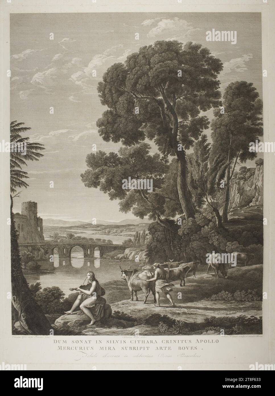 Landscape with Apollo and Mercury Stealing the Flock of Admetus, Giovanni Volpato, 1740-1803, No later than 1803, Graphic Art, Copper Engraving, Paper, Color, Printer's ink, Copper engraving, Printet, Height (plate size) 625 mm, Height (paper size) 660 mm, Width (plate size) 465 mm, Width (paper size) 500 mm, Claudio Gelé vulgo Lorense pinx., Hendric Voogd delin, Joan Volpato sculp et vendit Romæ, DUM SONAT IN SILVIS CITHARA CRINITUS APOLLO, MERCURIUS MIRA SUBRIPIT ARTE BOVES., Tabula asservanata celeberrima Doriae Pinacotheca, Graphic Design Stock Photo
