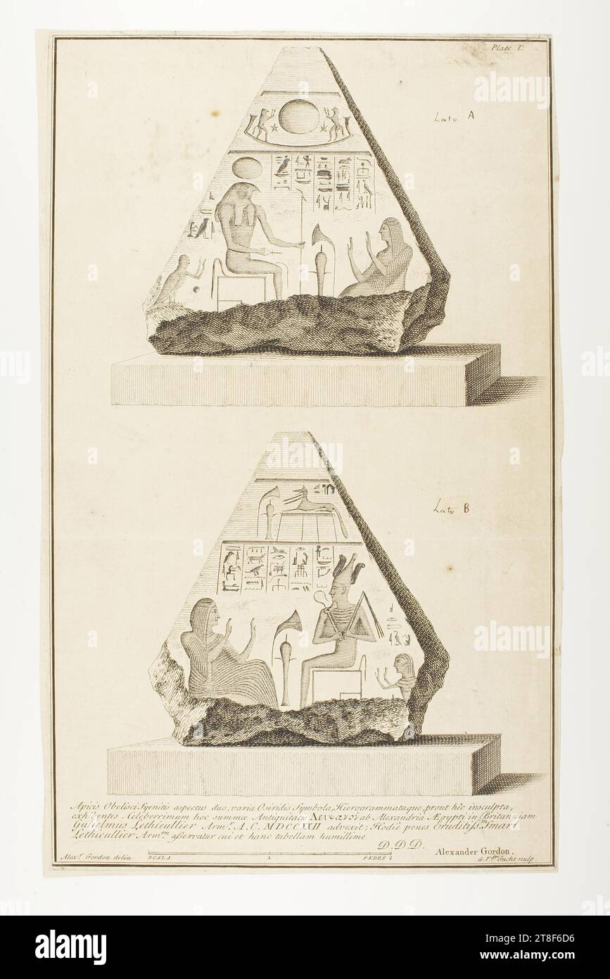Top of an Obelisque, two Sides, Gerard Vandergucht, No later than 1776, Graphic Art, Copper Engraving, Paper, Color, Printer's ink, Copper engraving, Printet, Height (plate size) 382 mm, Height (paper size) 395 mm, Width (plate size) 235 mm, Width (paper size) 245 mm, Plate I, Lato A, Lato B, Apicis Obelisci Syenitis aspectus duo, varia Osiridis Symbola, Hierogrammataque, prout hic insculpta, exhibentus. [...], Alex.r Gordon delin, D.D.D. Alexander Gordon, Gr.der Gucht sculp, Graphic Design, European Stock Photo