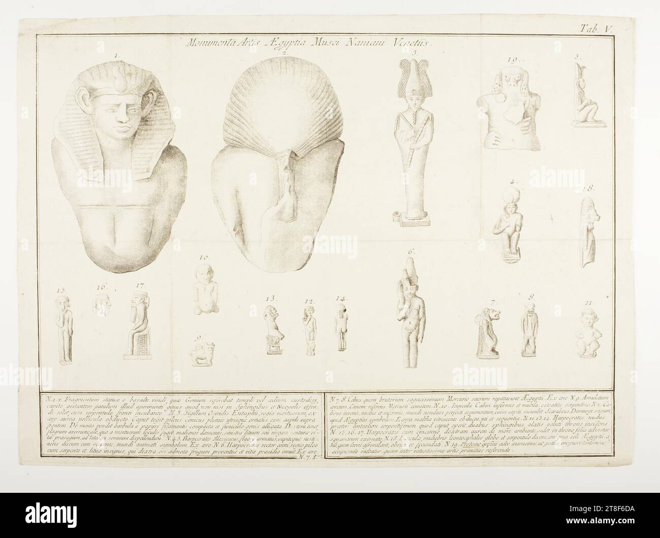 Monumenta Artis Ægyptiæ in Musæo Naniano Veneteiis Tab.V, 1791 - 1794, Graphic Art, Copper Engraving, Paper, Color, Printer's ink, Copper engraving, Printet, Height (paper size) 285 mm, Width (paper size) 385 mm, Tab.V, Monumenta Artis Ægyptiæ in Musæo Naniano Veneteiis, 1., 2., 3., 19., 5., 4., 18., 15., 16., 17., 10., 9., 13., 12., 14., 6., 7., 8., 11., N.1.2. Fragmentum statuæ e basate viridi, quæ Genium referebat templi vel ædium custodem, [...], N.3. Sigillum Osiridis Entaphii, regis mortuorum, [...], N.4.5. Harpocrates Alexicancus [...], N.6 Harpocrates rector anni, [...] Stock Photo