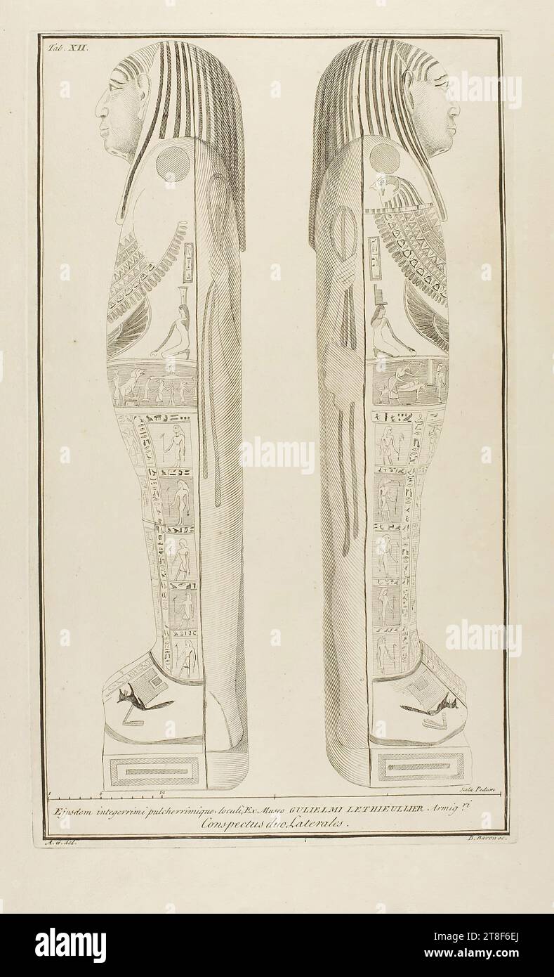 Inner-Coffin of Irtyru, views of right and left side, Bernard Baron, 1737, Graphic Art, Copper Engraving, Paper, Color, Printer's ink, Copper engraving, Printet, Height (plate size) 380 mm, Height (paper size) 530 mm, Width (plate size) 235 mm, Width (paper size) 330 mm, Tab. XII, [Målestok] Ejusdem integerrimi pulcherrimique loculi, Ex Museo GULIELMI LETHIEULLIER Armig.ri, Conspectus duo Laterales, A.G. del, B. Baron sc, Graphic Design, European Stock Photo