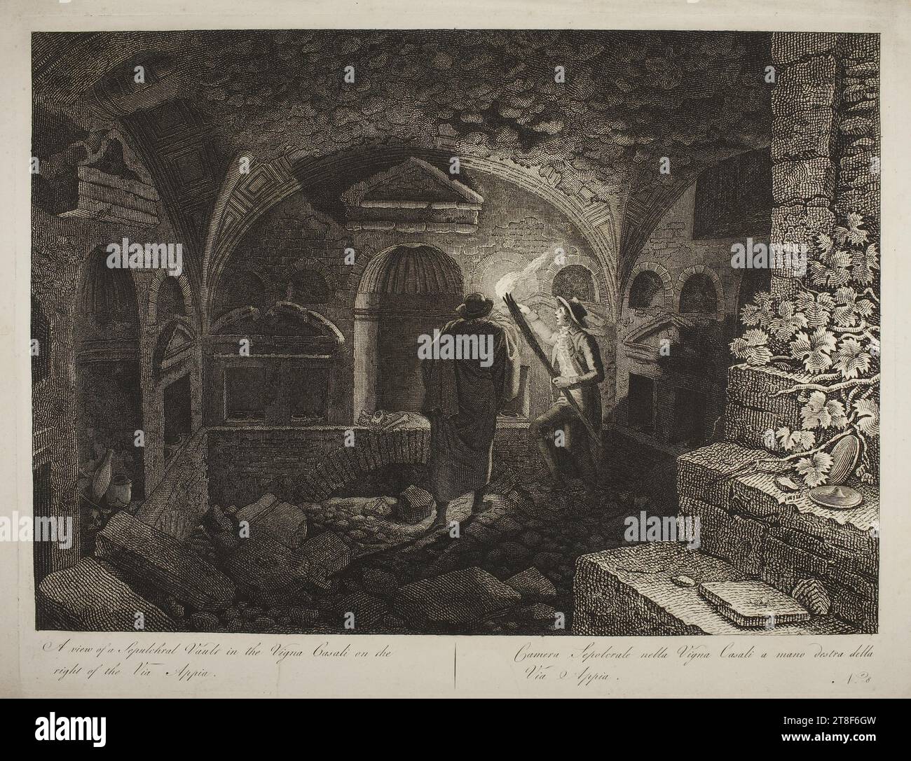 A view of a Sepulchral Vault in the Vigna Casali on the, right of the Via Appia, Carlo Labruzzi, 1748-1817, 1790, Graphic Art, Aquatint, Carlo Labruzzi was part of Thorvaldsen’s circle in Rome. In the autumn of 1789 Labruzzi painted 226 monochrome watercolors on via Appia Antica while he accompanied the wealthy British gentleman and archaeologist Sir Richard Colt Hoare (1758-1838). Sir Richard was a great admirer of the Roman poet Horace (75 – 8 f.Kr.) and travelled in the footsteps of Horace., Paper, Color, Printer's ink, Aquatint, Printet, Height (plate size) 430 mm Stock Photo