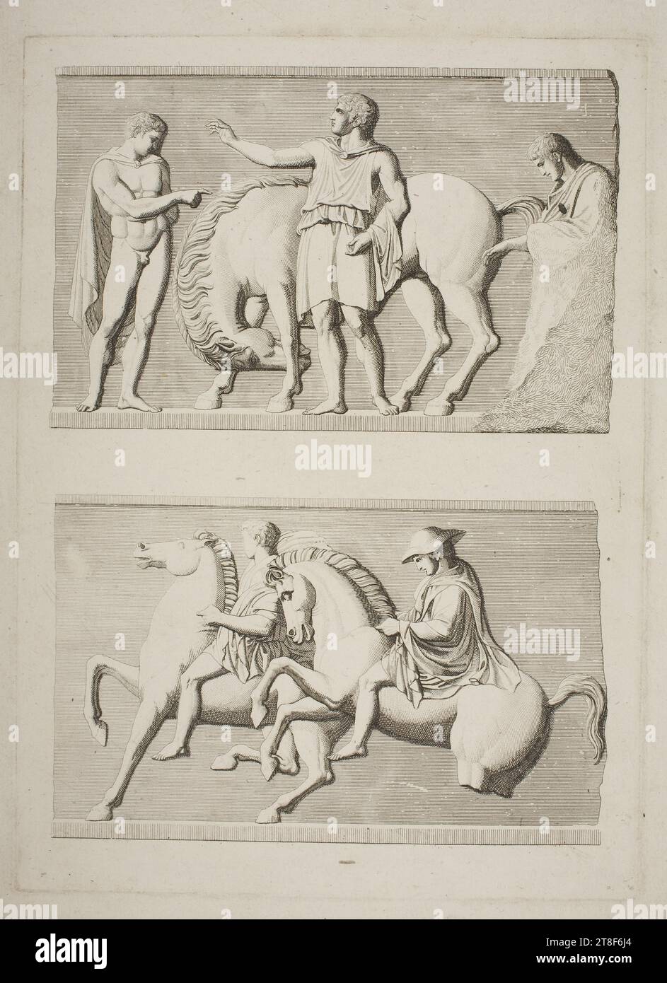 Three men by a horse. Riders, No later than 1900, Graphic Art, Copper Engraving, Paper, Color, Printer's ink, Copper engraving, Printet, Height (plate size) 295 mm, Height (paper size) 350 mm, Width (plate size) 212 mm, Width (paper size) 260 mm, Graphic Design, European Stock Photo