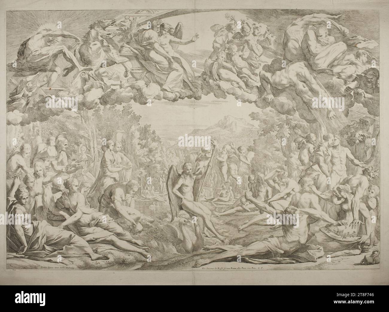 Allegory of Spring, Pietro Testa, 1645 - 1650, Graphic Art, Etching, Paper, Color, Printer's ink, Etching, Printet, Height (plate size) 500 mm, Height (paper size) 565 mm, Width (plate size) 715 mm, Width (paper size) 790 mm, Pietro Tessa inve. delin. et Sculp., Gio. Iacomo de Rossi forma alla Pace con Priu. S.P., Graphic Design, European, Renaissance (1300 - 1690), Printer, Giovanni Giacomo de' Rossi Stock Photo