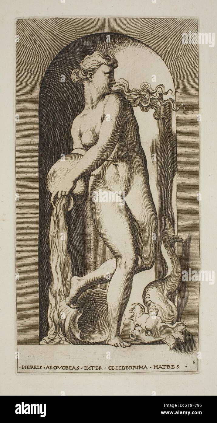 Thetis, Giovanni Jacopo Caraglio, 1526, Graphic Art, Copper Engraving, Thetis was one of the 50 daughters of Nereus, the Old Man of the Sea. They were sea nymphs, the so-called nereids, and they personified the waves. The Greek poet Homer tells in his, Iliad, presumably ca. 700 BC, that Thetis had feet of silver. She was also very beautiful, and Jupiter fell in love with her. However, Jupiter was told by the Oracle that the son he would have with Thetis would drive him off the throne. He solved this problem by marrying Thetis off to the mortal Peleus so that Thetis’s son, Achilles Stock Photo