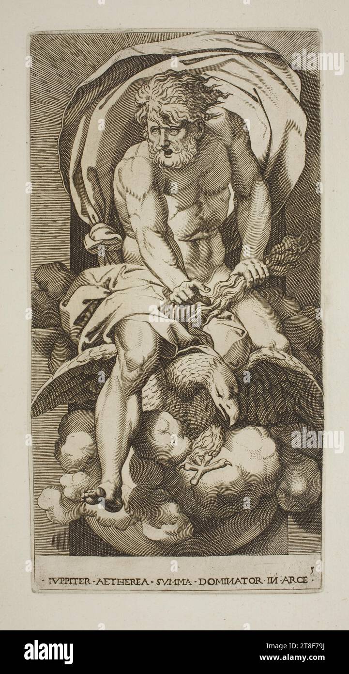 Jupiter, Giovanni Jacopo Caraglio, 1526, Graphic Art, Copper Engraving, In Roman mythology, Jupiter appears as the counterpart of the Greek god Zeus. In an infinite embrace, Uranus (the heavens) and Gaia (the earth) conceived twelve Titans, of whom Kronos was one. He long ruled over the world. But this did not last for ever. And when Kronos fell, taking the Titans with him, Zeus assumed charge of the world. He settled on Olympus in Thessaly. As ruler of the world he could look out cross his entire realm from this high mountain. He also ruled the heavens. And when, as the god of weather Stock Photo
